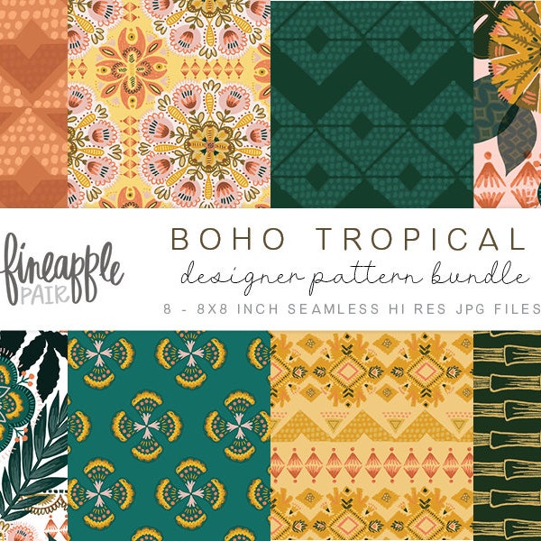 Boho Chic Digital Paper, Boho Clipart, Bohemian Tropical Graphics, Boho Floral Clipart, DH