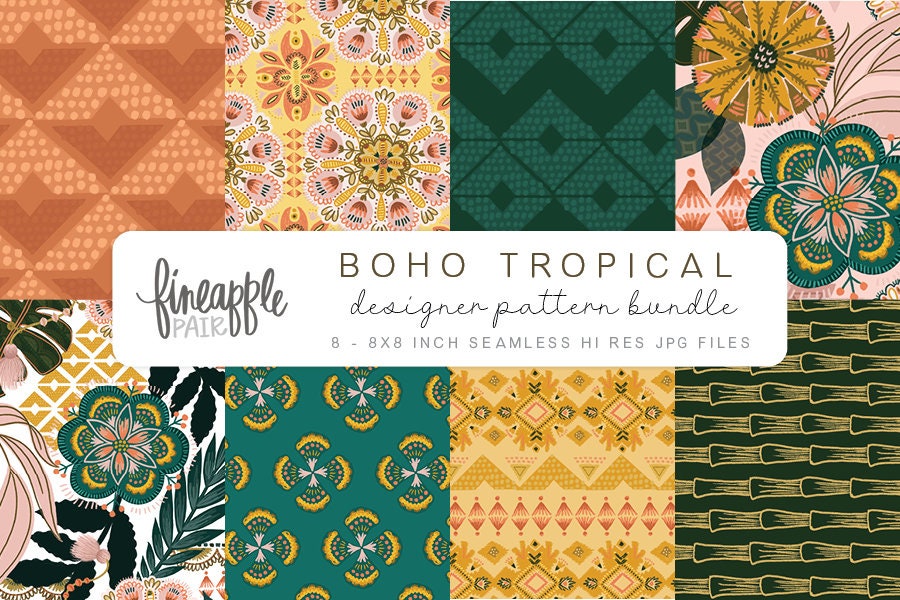 Boho Chic Digital Paper, Boho Clipart, Bohemian Tropical Graphics, Boho Floral Clipart, DH