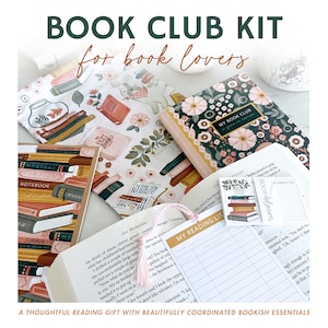 May include: A book club kit featuring notebooks, reading lists, and decorative elements. The kit includes a floral notebook, a notebook with a stack of books, and a bookmark. The text "BOOK CLUB KIT" is at the top.