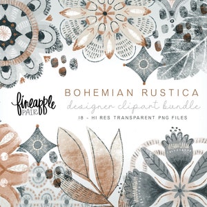 Bohemian Flowers, Bohemian Flower Graphics, Boho Floral Clipart, Boho Clipart, Rustic Flowers in Blue and Brown, DH