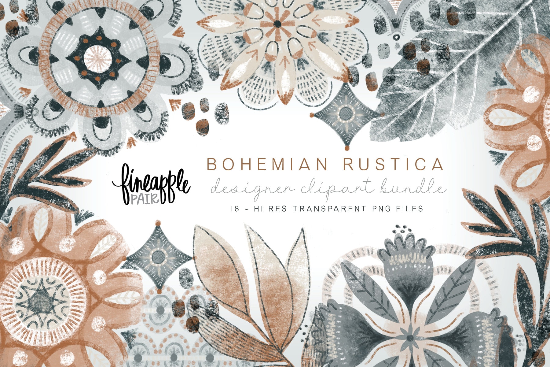 Bohemian Flowers, Bohemian Flower Graphics, Boho Floral Clipart, Boho Clipart, Rustic Flowers in Blue and Brown, DH