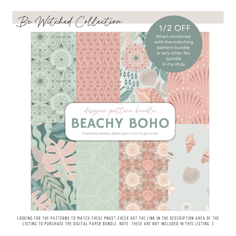 Beachy Boho Clipart Bundle, Coastal PNG Graphics, Seashell Tropical Leaf Art image 5