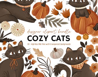 Fall Cat Clipart Bundle, Cozy Black Cats, Pumpkin & Floral PNG, Folk Art Autumn Clip Art, Fall Clip Art