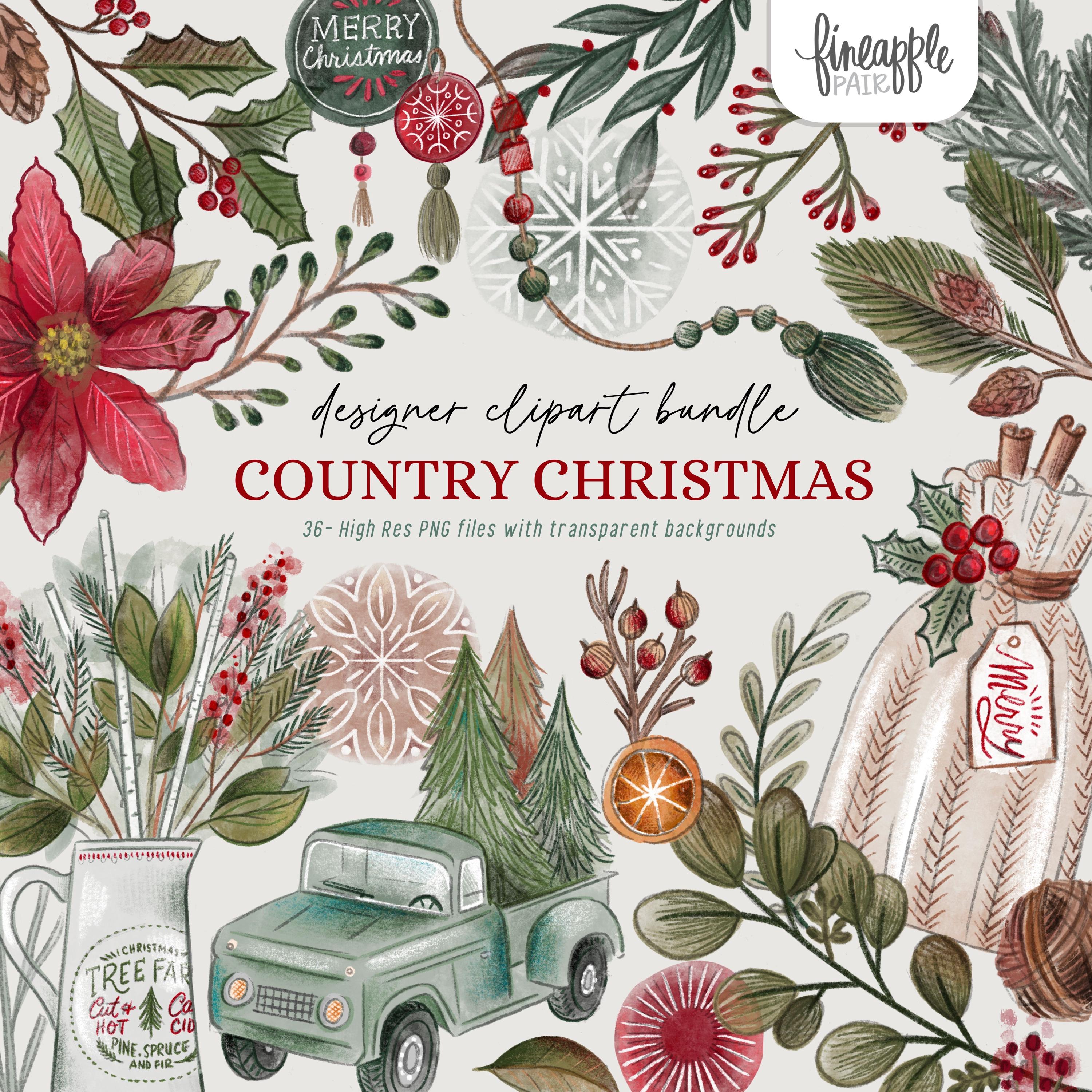 Winter Floral Clipart, Christmas Canva, Farmhouse Christmas, Country Christmas, Pine branch clipart, Christmas Floral Clipart