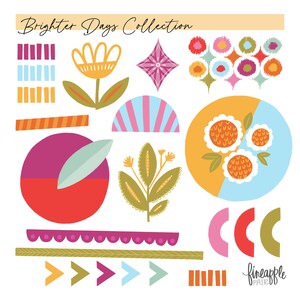 May include: A collection of colorful, abstract floral and geometric designs. The image includes a flower, a starburst, a half-circle with stripes, and a circle with flowers. The text "Brighter Days Collection" is at the top.