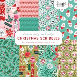 May include: A digital pattern bundle titled CHRISTMAS SCRIBBLES featuring eight seamless designs with festive motifs including Santa Claus faces, red and white candy canes, green pine branches, poinsettias, ornaments, and snowflakes in red, green, and pink.