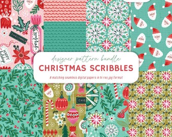 レトロなクリスマスシームレスパターンバンドル、手描きホリデーデジタルペーパー（JPGファイル8点）