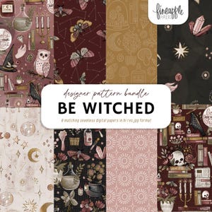 Puede incluir: Un paquete de patrones digitales titulado "BE WITCHED" con ocho diseños sin costuras. Los patrones incluyen ilustraciones de polillas, cristales, lunas, estrellas, botellas de pociones y otros elementos místicos en tonos burdeos, dorado y negro. La imagen también incluye el logotipo "fineapple pair".