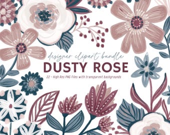 Paquete de imágenes prediseñadas florales de rosa polvorienta / PNG de flores pintadas a mano / Ilustraciones botánicas bohemias