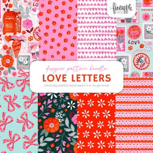 May include: A designer pattern bundle titled "LOVE LETTERS" featuring eight seamless digital papers. The designs include floral patterns, hearts, bows, and postage stamp illustrations in shades of pink, red, and teal. The image includes the text "fineapple pair".
