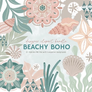 May include: A digital clipart bundle with a beachy boho theme. The design features seashells, starfish, and floral elements in muted tones of pink, teal, and beige. The text "BEACHY BOHO" is included in the design.