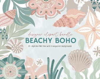Beachy Boho Clipart Bundle, Coastal PNG Graphics, Seashell Tropical Leaf Art
