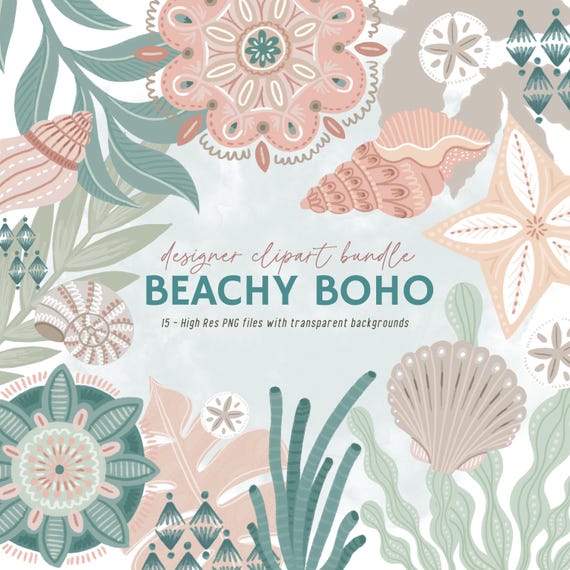 Beachy Boho Clipart Bundle, Coastal PNG Graphics, Seashell Tropical Leaf Art