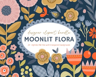 Scandinavian Floral PNG, Folk Art Flowers, Mid Century Botanical Clip Art, Retro Flower Graphics, Cute Florals