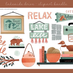 May include: A set of digital clipart illustrations featuring a lake theme. The illustrations include a map of the Great Lakes, a bear in a snow globe, a canoe, a cottage, a paddle, a glass of water, a book, a bowl of yarn, a canteen, a branch with leaves, and signs that say "Relax", "Lake Life", and "The Call of Adventure".