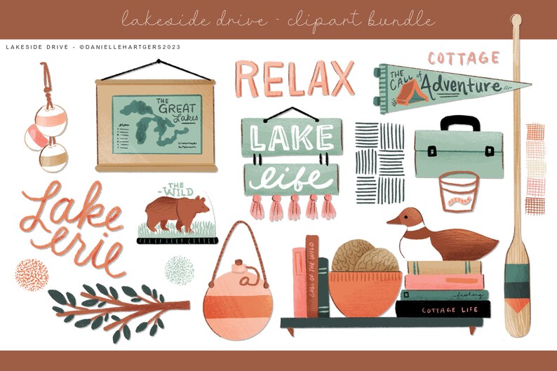 May include: A set of digital clipart illustrations featuring a lake theme. The illustrations include a map of the Great Lakes, a bear in a snow globe, a canoe, a cottage, a paddle, a glass of water, a book, a bowl of yarn, a canteen, a branch with leaves, and signs that say "Relax", "Lake Life", and "The Call of Adventure".