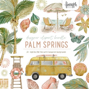 Vintage strand clipart, strand iconen, Palm Springs pngs, surfen clipart, strand canvas afbeelding, vintage strand plakboek, planner graphics