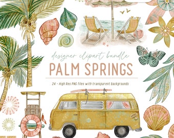 Vintage Beach Clipart, Beach Icons, Palm Springs PNGS, Surfing Clipart, Beach Canva Graphic, Vintage Beach Scrapbook, Planner Graphics