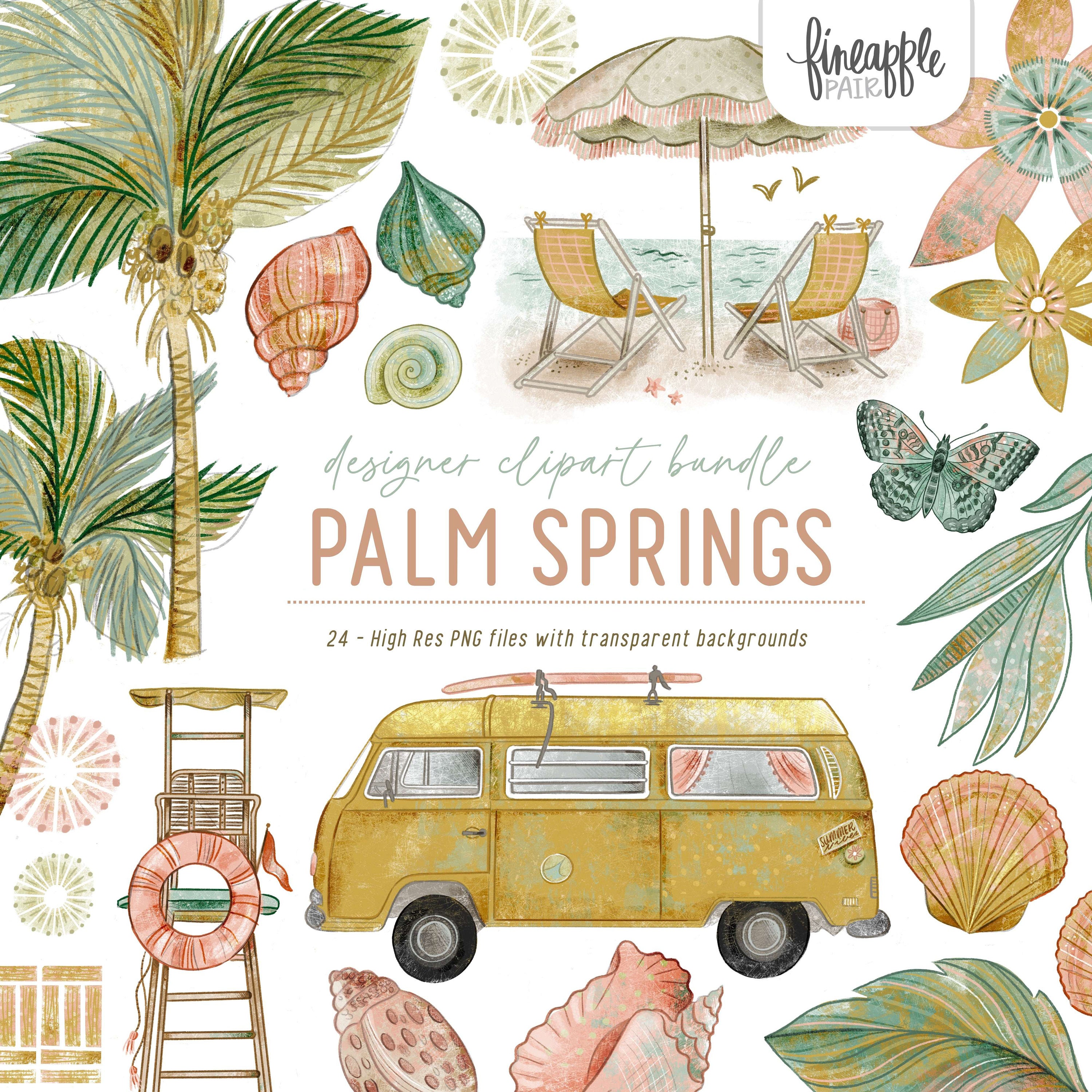 Vintage Beach Clipart, Beach Icons, Palm Springs PNGS, Surfing Clipart, Beach Canva Graphic, Vintage Beach Scrapbook, Planner Graphics