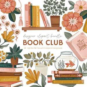 May include: A digital illustration featuring a collection of books, flowers, and plants. The image includes stacks of books, a fishbowl with a goldfish, and the text "BOOK CLUB". The color palette includes shades of orange, green, and yellow.