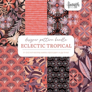 Pode incluir: Um pacote de papel digital com 8 padrões sem costura em um tema tropical. Os padrões apresentam uma variedade de cores, incluindo rosa, vermelho e preto. Os padrões são perfeitos para criar projetos digitais e impressos, como convites, cartões e páginas de scrapbook.