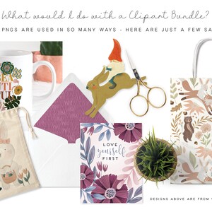 May include: A collection of clipart designs featuring a variety of illustrations, including a gnome, a rabbit, a mug with the word "Beautiful" on it, a bag with a rabbit design, a card with the text "Love yourself first", and a bag with a woodland pattern. The designs are all in a whimsical style and are perfect for adding a touch of personality to your projects.