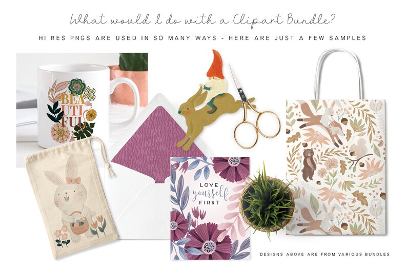 May include: A collection of clipart designs featuring a variety of illustrations, including a gnome, a rabbit, a mug with the word "Beautiful" on it, a bag with a rabbit design, a card with the text "Love yourself first", and a bag with a woodland pattern. The designs are all in a whimsical style and are perfect for adding a touch of personality to your projects.