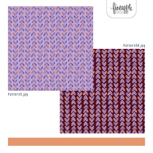 Puede incluir: Dos patrones de tela con un dise&ntilde;o de hojas repetido. Un patr&oacute;n est&aacute; sobre un fondo morado claro, el otro sobre un fondo burdeos oscuro. Las hojas son en tonos de morado, lavanda y melocot&oacute;n. La imagen incluye el texto "Pattern5.jpg" y "Pattern5B.jpg".