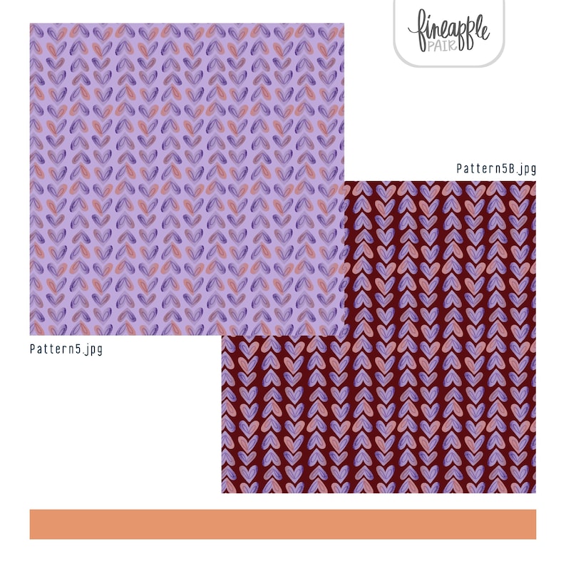 Puede incluir: Dos patrones de tela con un dise&ntilde;o de hojas repetido. Un patr&oacute;n est&aacute; sobre un fondo morado claro, el otro sobre un fondo burdeos oscuro. Las hojas son en tonos de morado, lavanda y melocot&oacute;n. La imagen incluye el texto "Pattern5.jpg" y "Pattern5B.jpg".