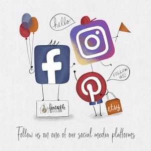 May include: Illustration of social media icons, including Facebook, Instagram, Pinterest, and Etsy, with the text "hello!" and "follow us!"  The icons are drawn as cartoon characters with arms and legs.
