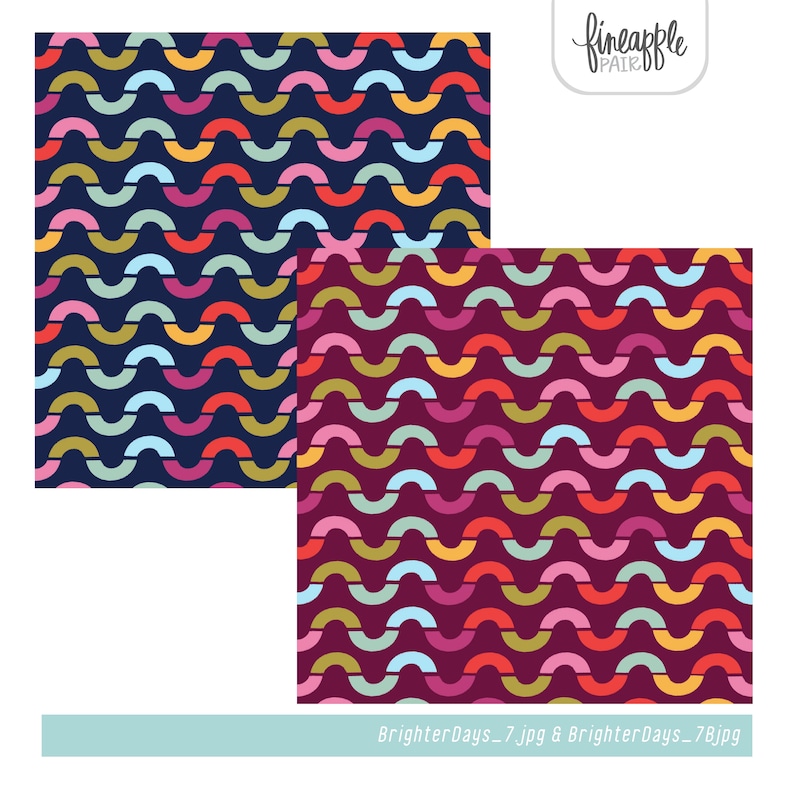 May include: Two patterned fabric swatches. One features a navy blue background with a repeating pattern of colorful, curved shapes in shades of pink, orange, yellow, and green. The second swatch has a burgundy background with a similar pattern.