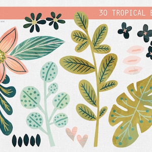 May include: 30 tropical elements clipart set featuring green, blue, and gold leaves, pink flowers, and black and white flowers.  The text "30 Tropical Elements" is at the top of the image.