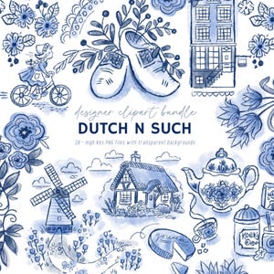 May include: A collection of blue and white watercolor illustrations with a Dutch theme. The image includes clogs, a windmill, a house, flowers, and the text "DUTCH N SUCH". The clipart bundle contains 28 high-resolution PNG files.