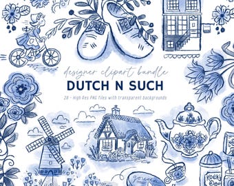 Delft Blue Dutch Clipart: Tulips, Windmill, Bicycle (PNGs), Amsterdam graphics, holland pngs,