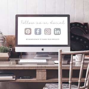 May include: A computer screen displaying a message to follow the company on social media. The message includes icons for Pinterest, Facebook, Instagram, and LinkedIn. The text below the icons reads "#fineapplepair to share your projects."