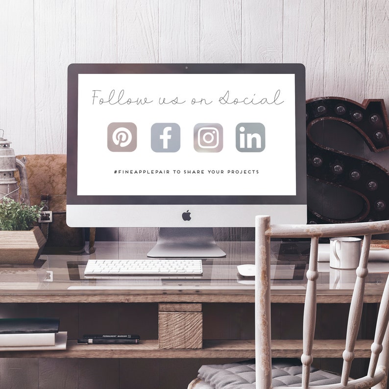 May include: A computer screen displaying a message to follow the company on social media. The message includes icons for Pinterest, Facebook, Instagram, and LinkedIn. The text below the icons reads "#fineapplepair to share your projects."