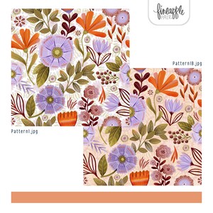 Puede incluir: Dos patrones florales con fondo blanco. Un patr&oacute;n presenta grandes flores moradas y naranjas con hojas verdes. El otro patr&oacute;n tiene un fondo beige con elementos florales similares. El texto "fineapple pair" est&aacute; en la esquina superior derecha.