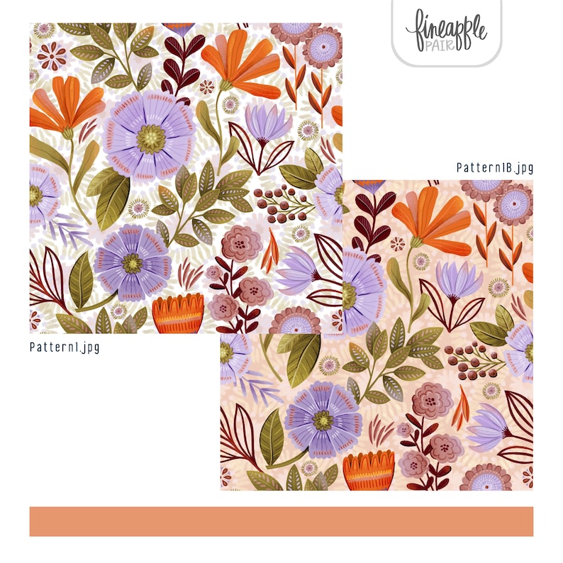 Puede incluir: Dos patrones florales con fondo blanco. Un patr&oacute;n presenta grandes flores moradas y naranjas con hojas verdes. El otro patr&oacute;n tiene un fondo beige con elementos florales similares. El texto "fineapple pair" est&aacute; en la esquina superior derecha.
