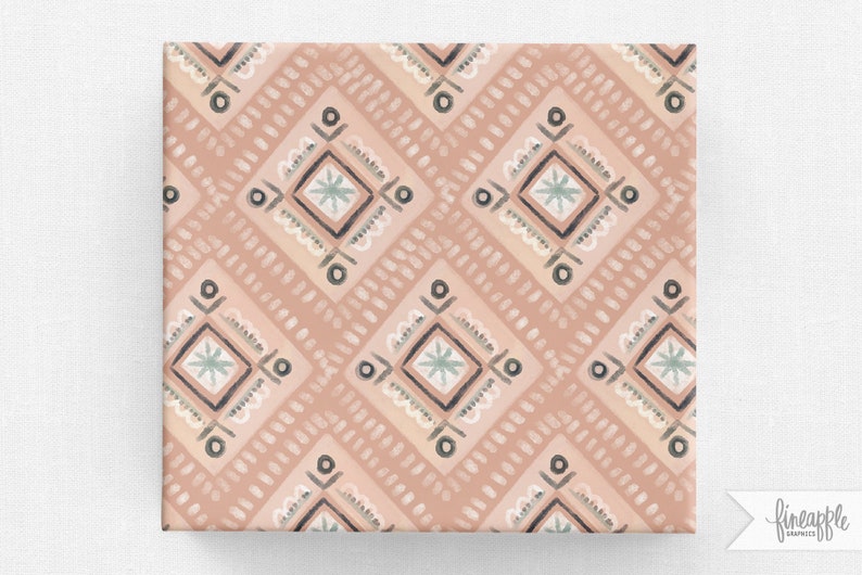 May include: A patterned fabric with a repeating design of diamonds and dots in shades of peach, gray, and white. The diamonds contain a star-like design in the center. The fabric is likely used for home decor or crafting.