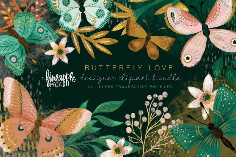 May include: A digital clipart bundle of 24 high-resolution butterfly illustrations. The butterflies are in various colors, including green, pink, and gold, and are set against a dark green background with floral elements. The text "BUTTERFLY LOVE designer clipart bundle 24 - HI RES TRANSPARENT PNG FILES" is displayed in the center of the image.