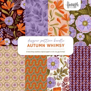 Puede incluir: Un paquete de patrones de dise&ntilde;o titulado "Autumn Whimsy" con ocho papeles digitales sin costuras. Los dise&ntilde;os muestran patrones florales y de hojas en tonos naranja, morado y marr&oacute;n. Se incluye el texto "8 matching seamless digital papers in hi res jpg format".