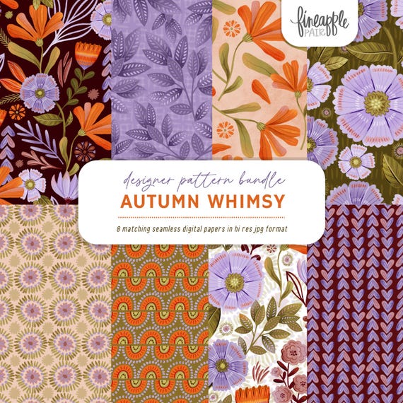 Whimsical Fall Floral Clipart: Hand-Drawn Autumn Flowers (Seamless JPGs, Digital Download