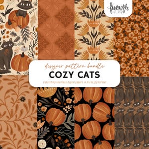 May include: A digital pattern bundle titled COZY CATS featuring eight seamless designs with black cats, orange pumpkins, autumn leaves, and floral motifs in shades of brown, cream, and black. The collection includes various botanical and animal illustrations.