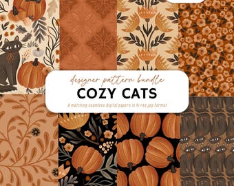 Fall Cat Seamless Patterns, Autumn Pumpkin Digital Paper, Black Cat Pattern Bundle, Cozy Fall Floral JPG, Commercial Use