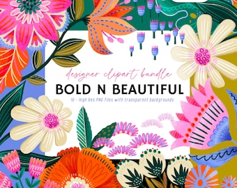 Boho Floral Clipart, Bold Flower PNG, isolated flowers, Bohemian Flower Elements, Digital Floral Design, Printable Flower Art