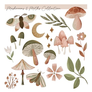 以下が含まれることがあります： 「Mushrooms & Moths Collection」と題されたデジタルイラストセット。蛾、様々なキノコ、三日月、星の形、花、緑の葉の枝など、落ち着いたアースカラーで描かれた水彩画風の要素が多数含まれています。