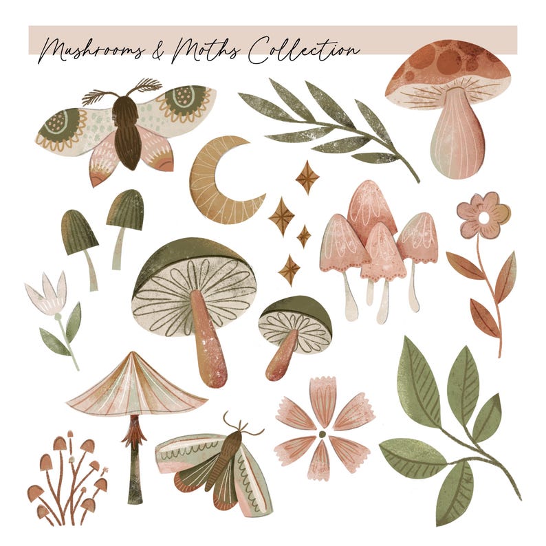 以下が含まれることがあります： 「Mushrooms & Moths Collection」と題されたデジタルイラストセット。蛾、様々なキノコ、三日月、星の形、花、緑の葉の枝など、落ち着いたアースカラーで描かれた水彩画風の要素が多数含まれています。