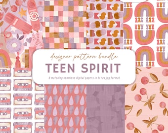 Teen Spirit Seamless Pattern Bundle | Retro 90s Digital Papers | Boho Rainbow, Scrapbook Backgrounds
