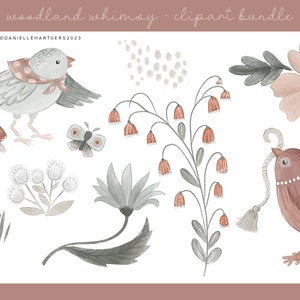 May include: A digital clipart bundle featuring woodland whimsical illustrations. The set includes two birds, a butterfly, mushrooms, flowers, and leaves in shades of gray, brown, and pink.