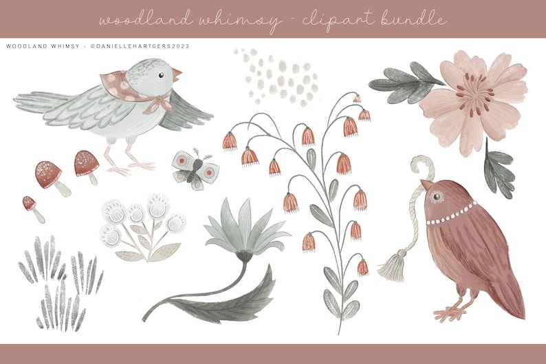 May include: A digital clipart bundle featuring woodland whimsical illustrations. The set includes two birds, a butterfly, mushrooms, flowers, and leaves in shades of gray, brown, and pink.